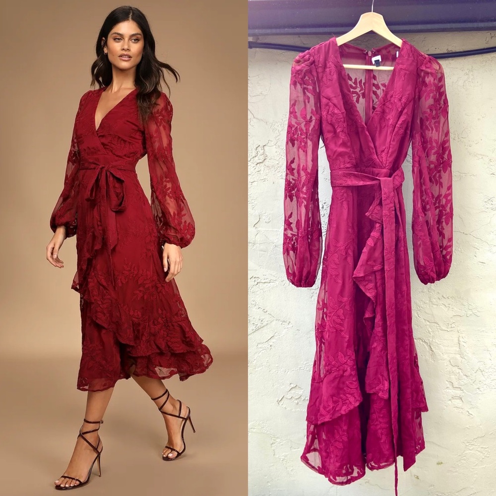 Lulu's Deep Red Floral Long Sleeve Dress